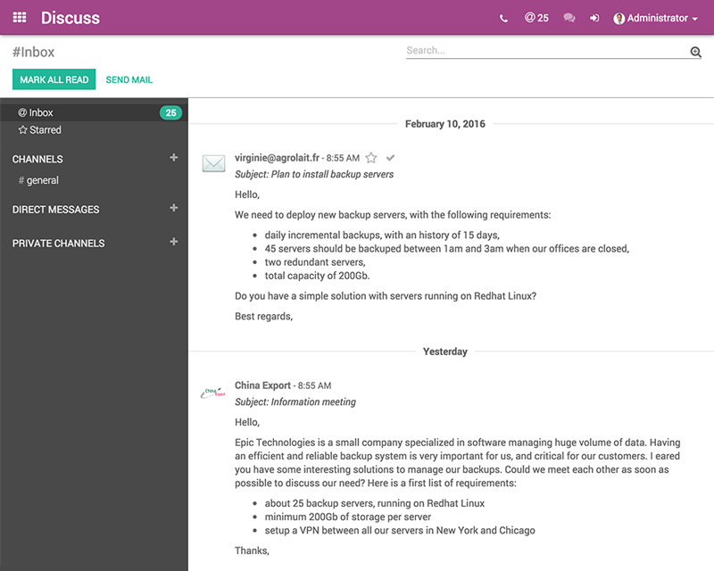 Odoo's diskutér modul VK Data, Odoo, live chat, chat, interne live chat, erp