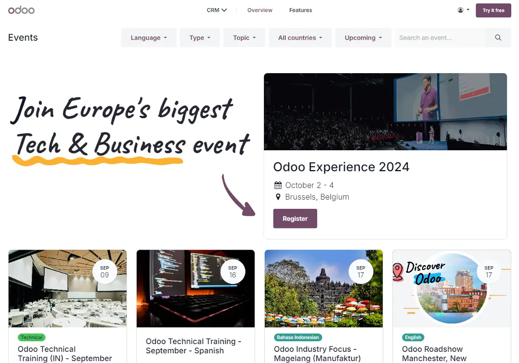 Visuelt billede af Odoo arrangementer