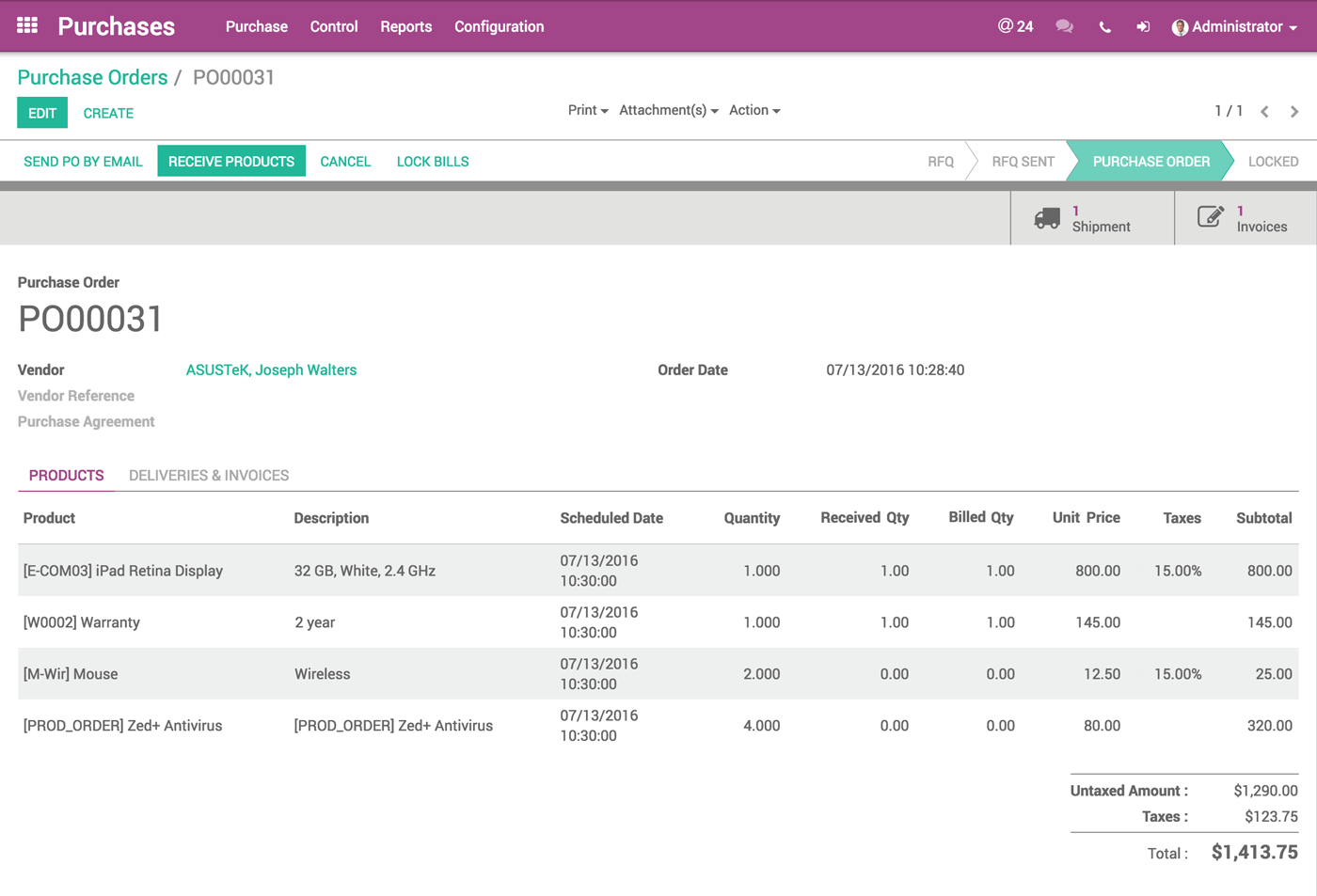 Odoo purchase, indkøb, lager, bogføring